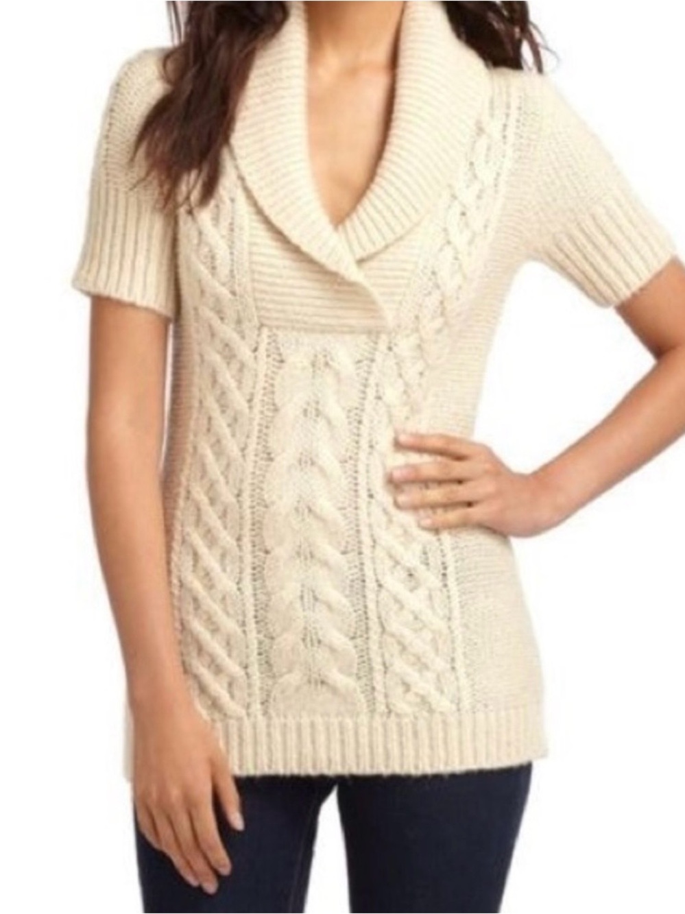 BCBGMAXAZRIA Vintage Ivory Cable Knit Shawl Collar Pullover Sweater XS Fisherman